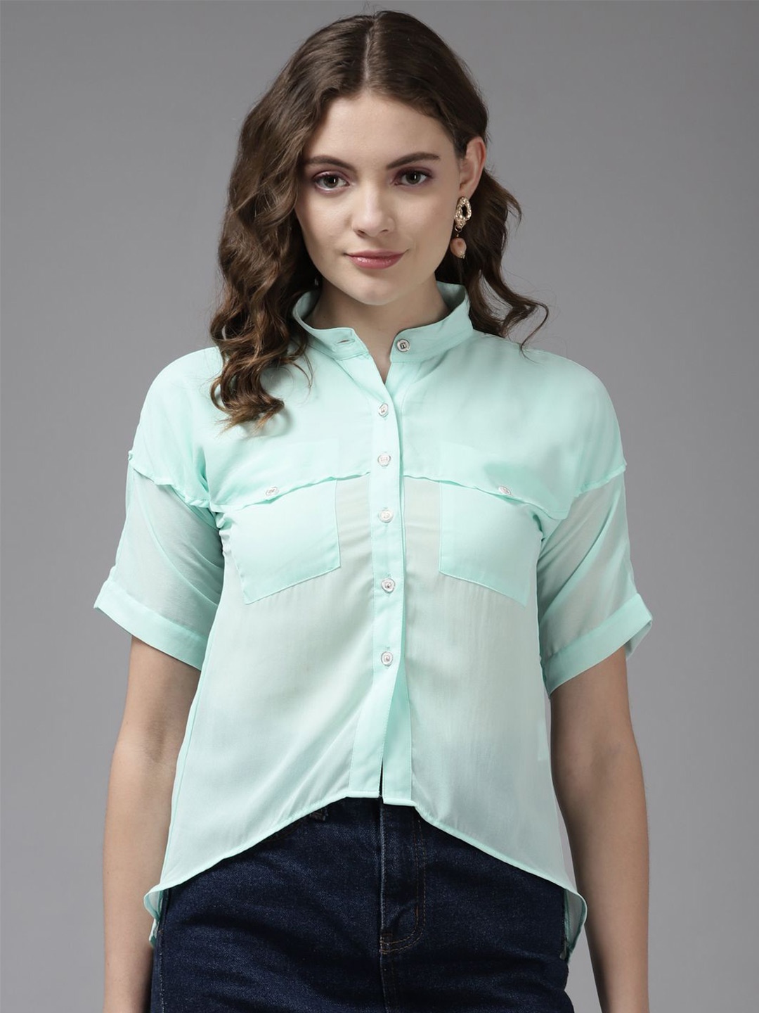

BAESD Colourblocked Extended Sleeves Georgette Top, Turquoise blue