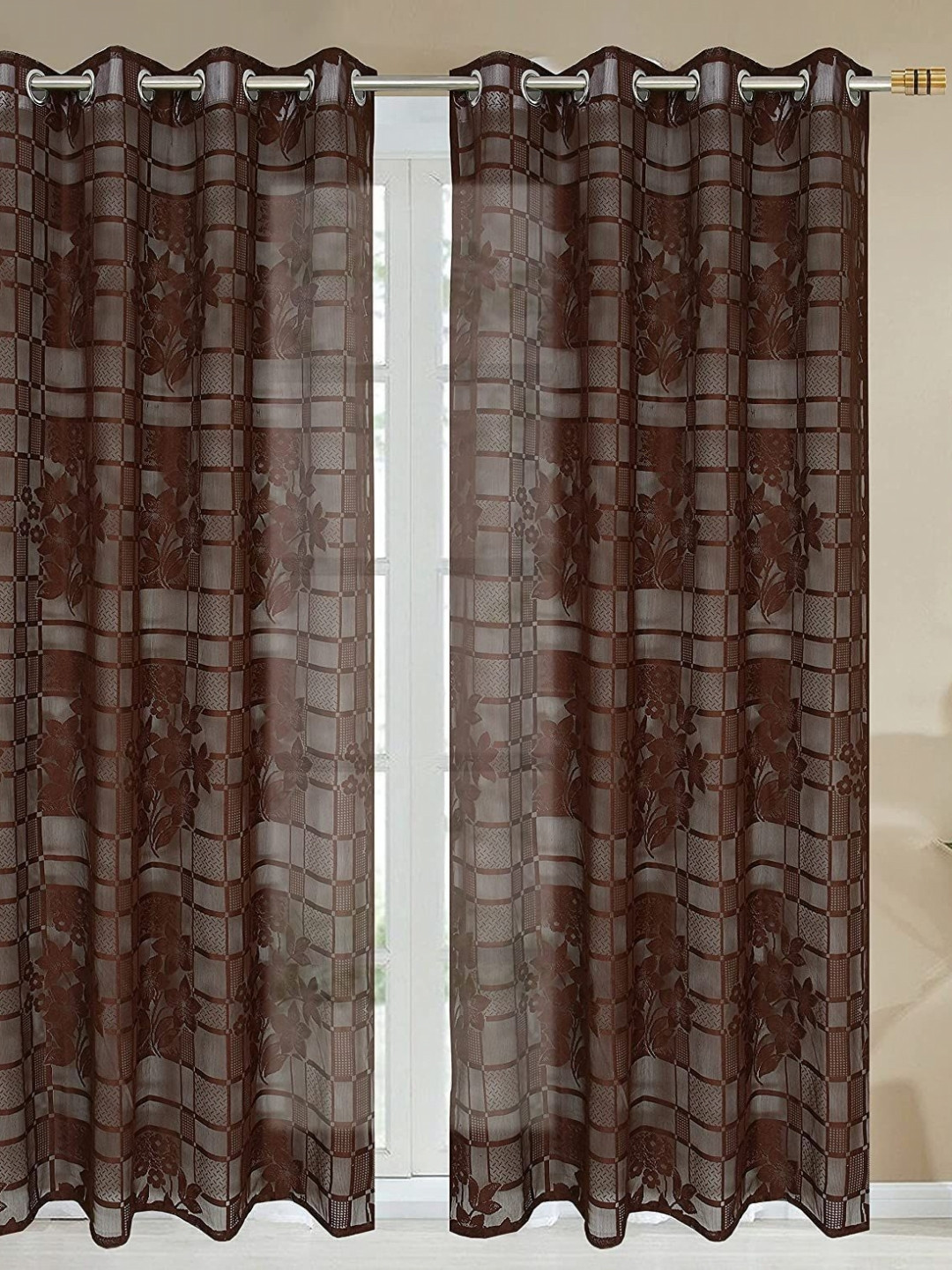 

JARS Collections Coffee Brown 2 Pieces Floral Sheer Window Curtain