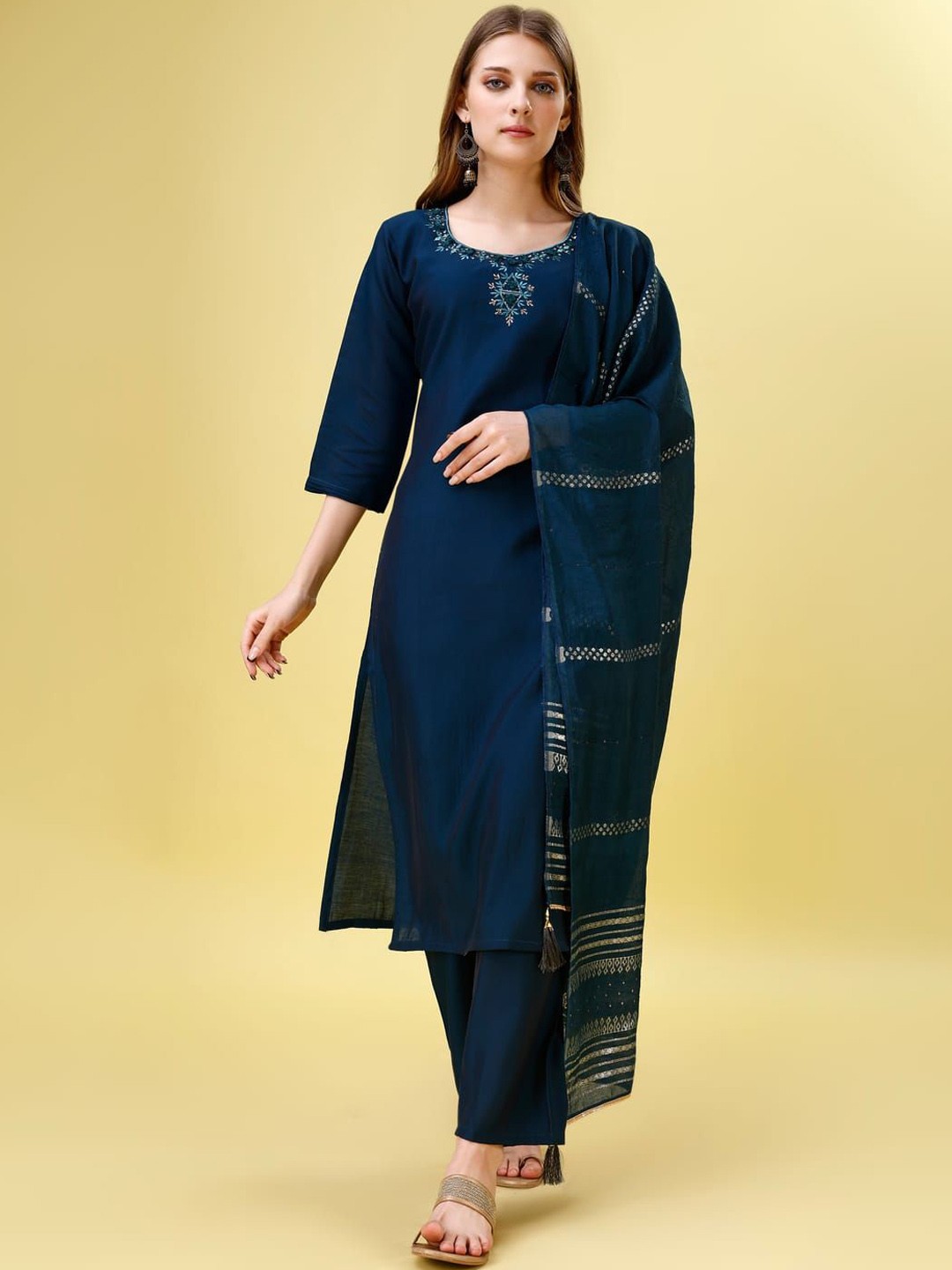 

Suha Floral Yoke Design Chanderi Cotton Thread Work Straight Kurta With Trousers & Dupatta, Blue