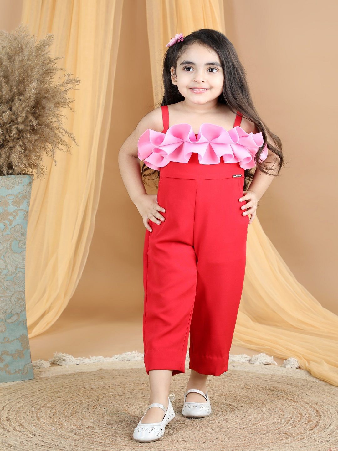 

THE LITTLE CELEBS Girls Self Design Basic Jumpsuit, Red