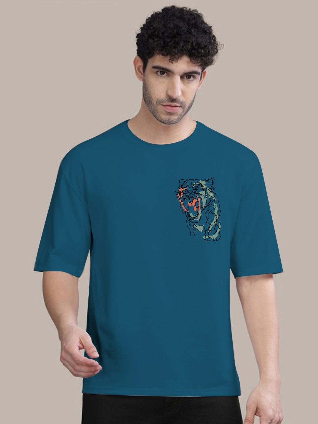 

AUSK Men Graphic Printed Round Neck Cotton Oversized T-shirt, Teal