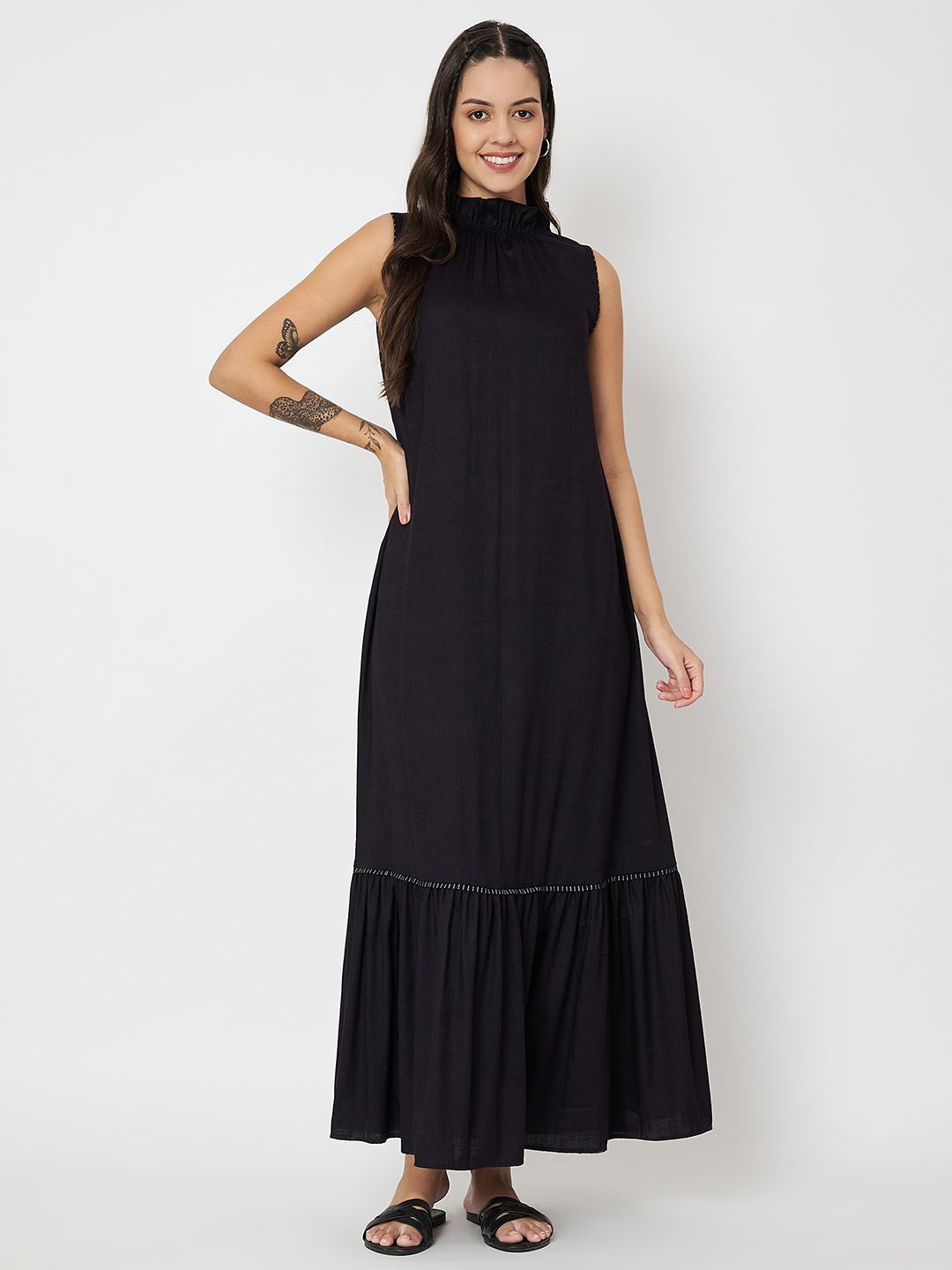 

9rasa Cotton Mock Neck A-Line Maxi Dress, Black