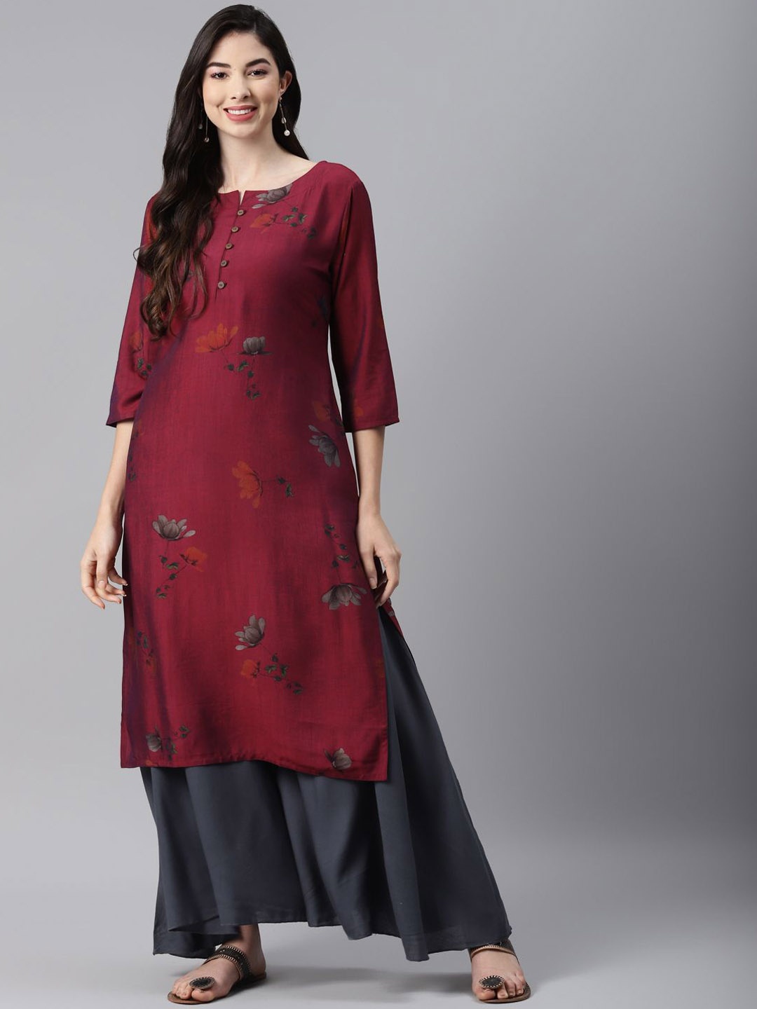

BAESD Women Embroidered Keyhole Neck Flared Sleeves Mirror Work Kurta, Burgundy