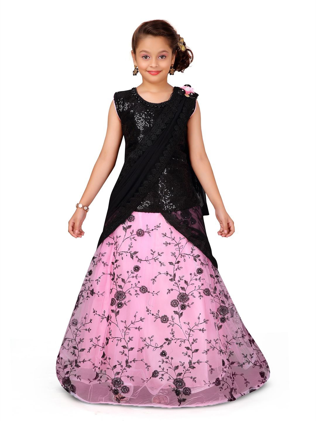 

BAESD Girls Embellished Sequinned Net Ready to Wear Lehenga & Blouse With Dupatta, Black