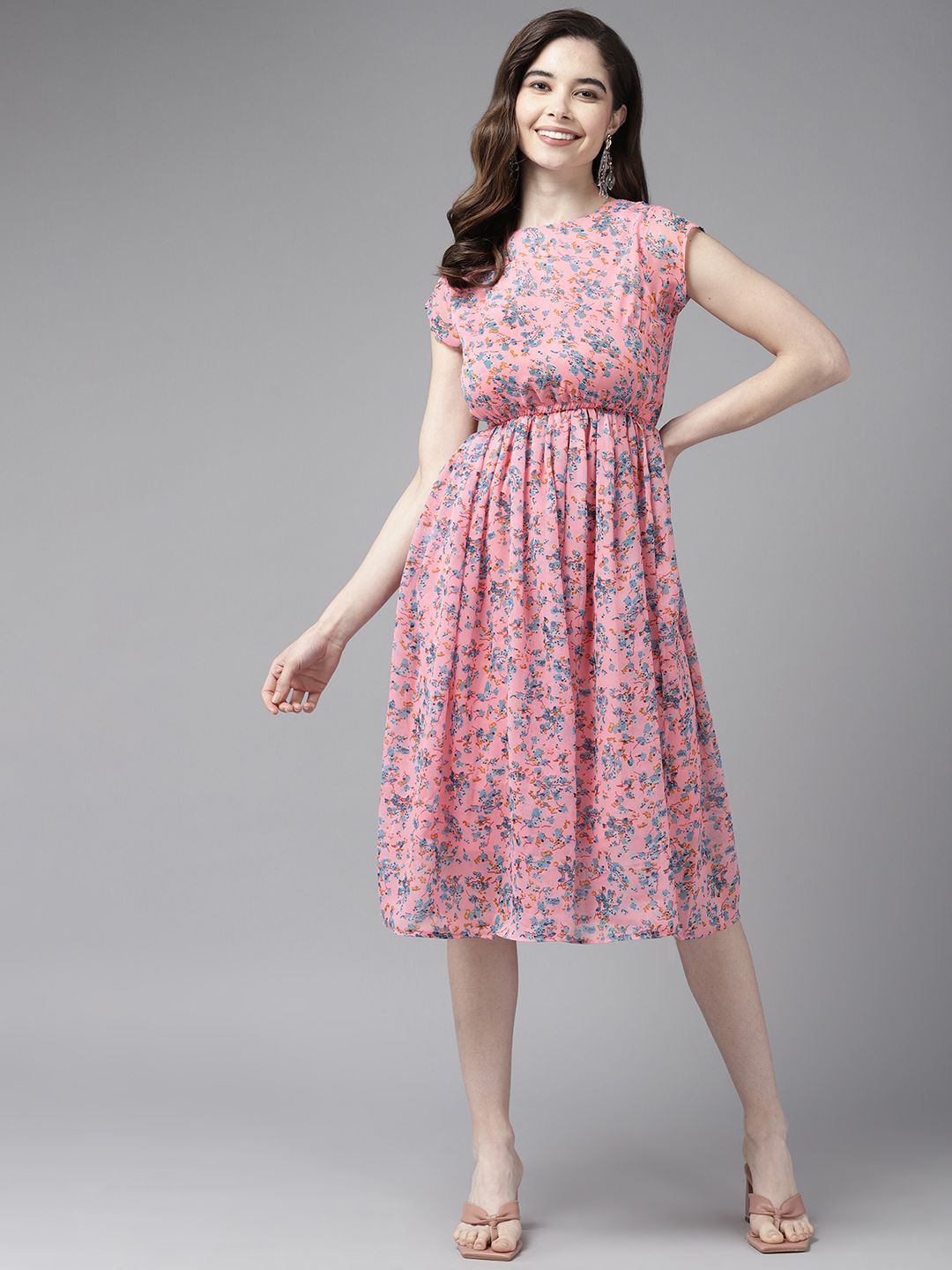 

BAESD Floral Printed Georgette Blouson Lace Inserts Dress, Peach