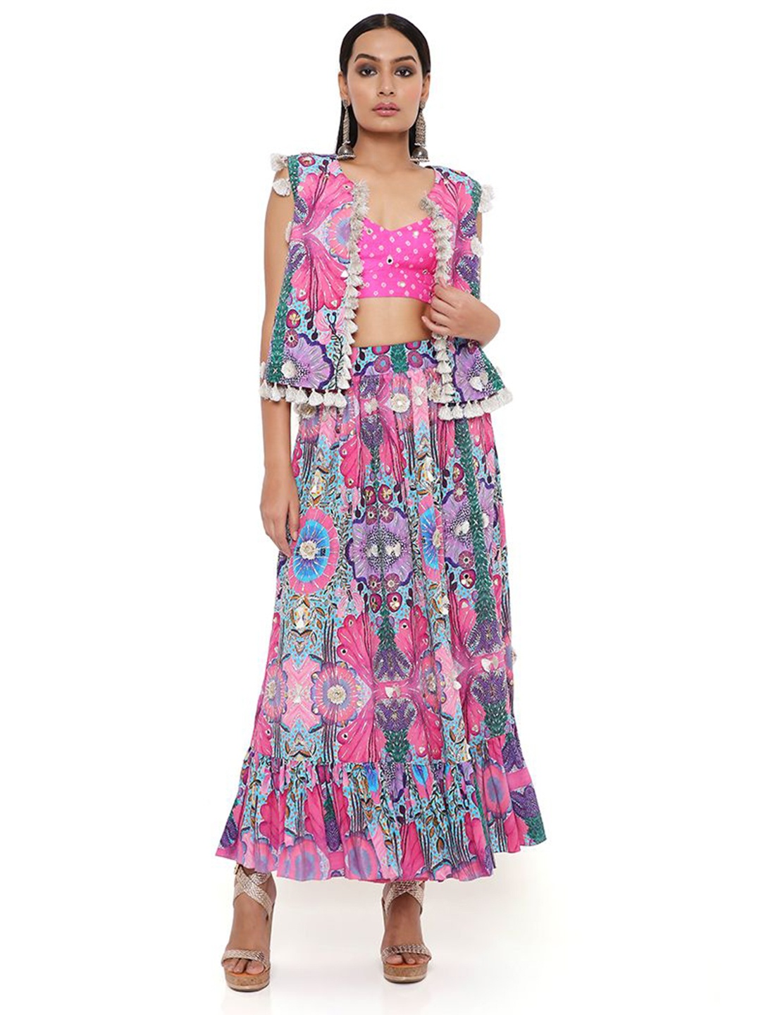 

Payal Singhal Printed Shoulder Strap Top & Skirts With Jacket, Pink