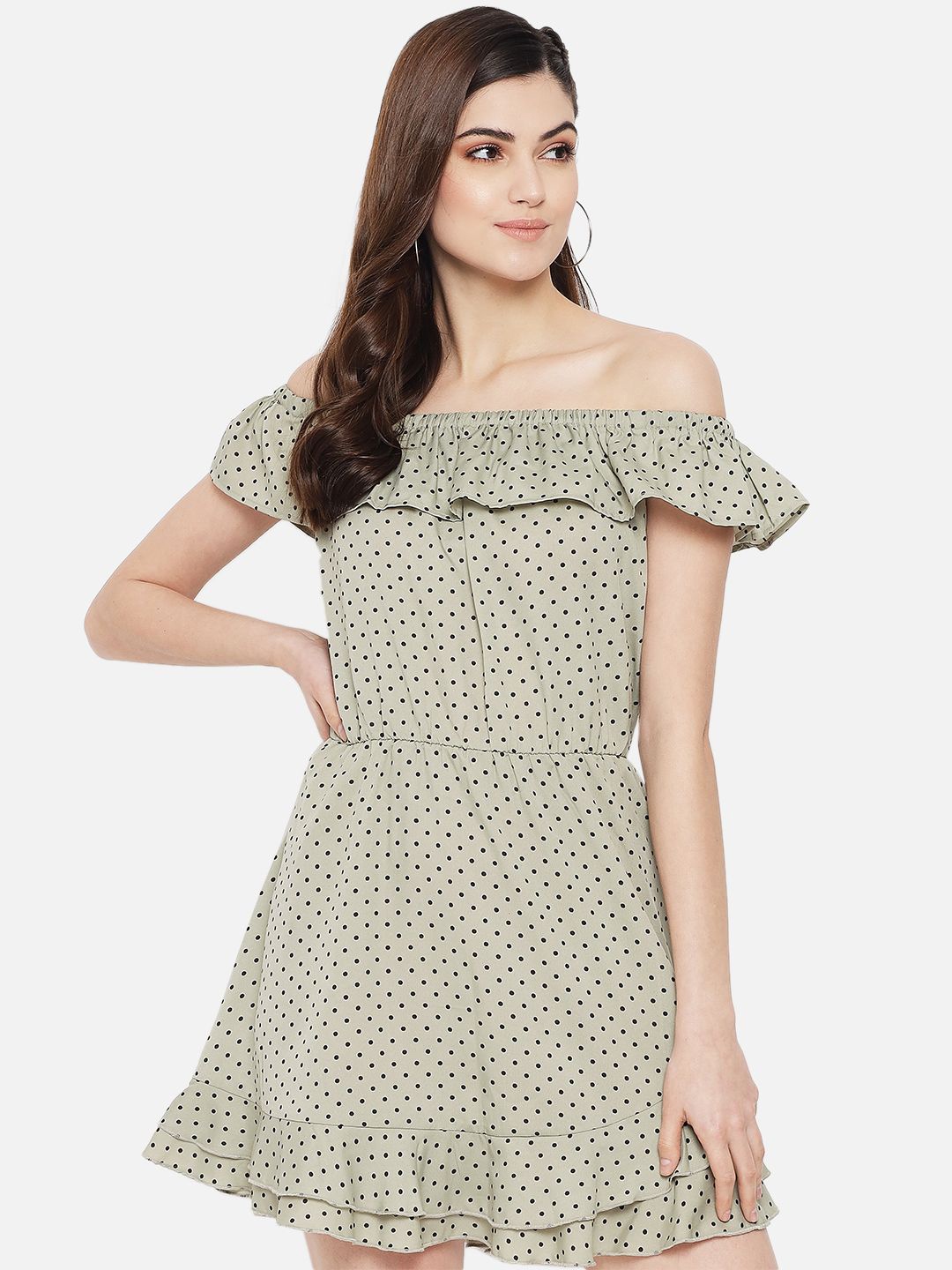 

Yaadleen Polka Dot Print Off-Shoulder Ruffled Crepe Fit & Flare Dress, Green