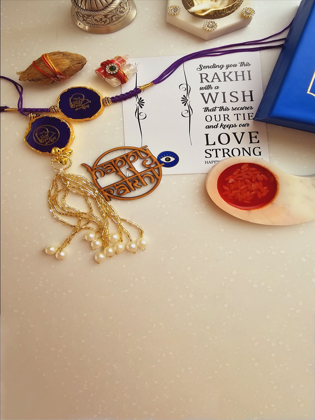 

HOMEARTE Agate Stone Bhaiya Bhabhi Thread Rakhi With Roli Chawal, Purple