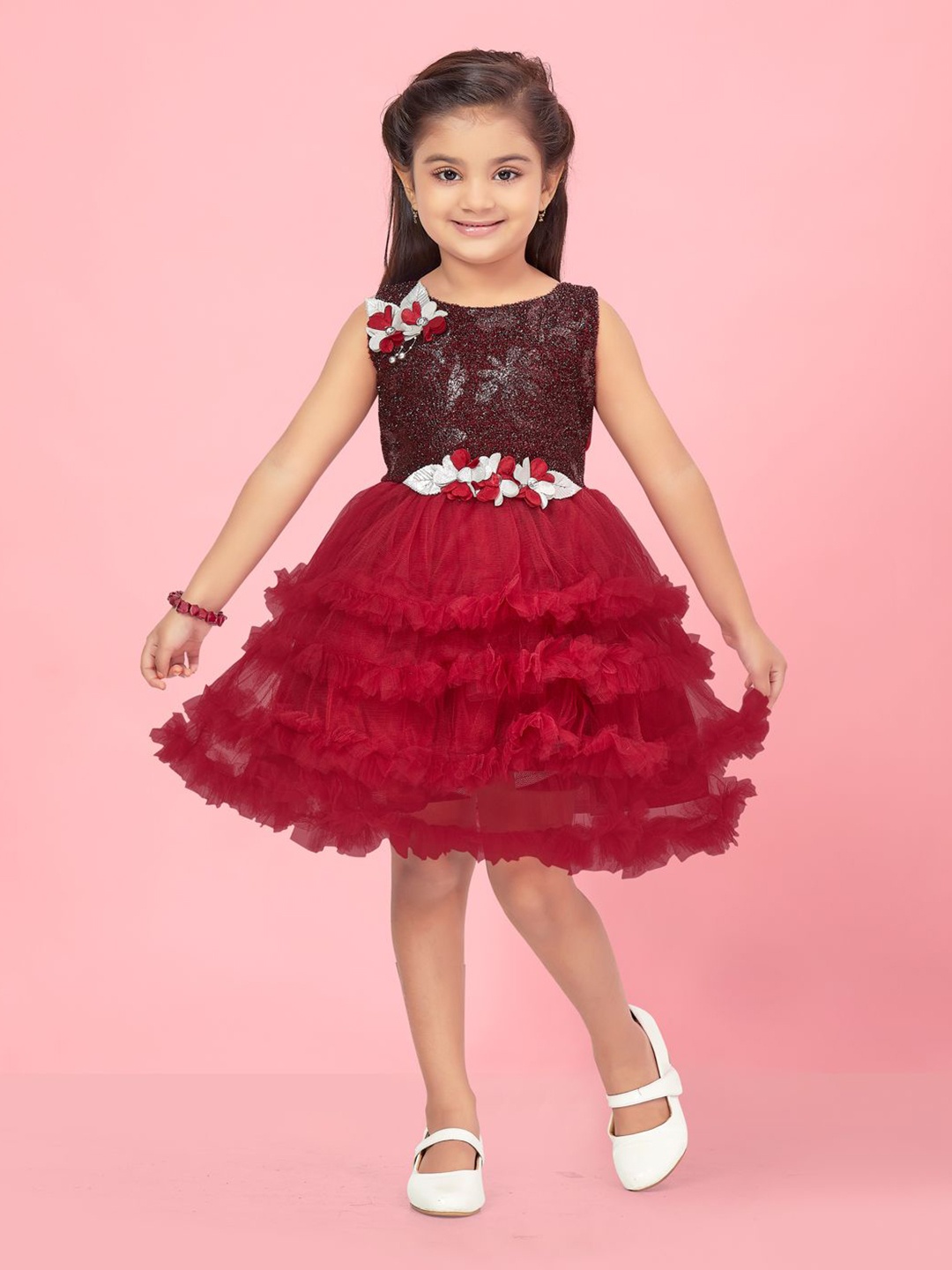 

BAESD Girls Net Fit & Flare Self Design Ruffles Dress, Maroon