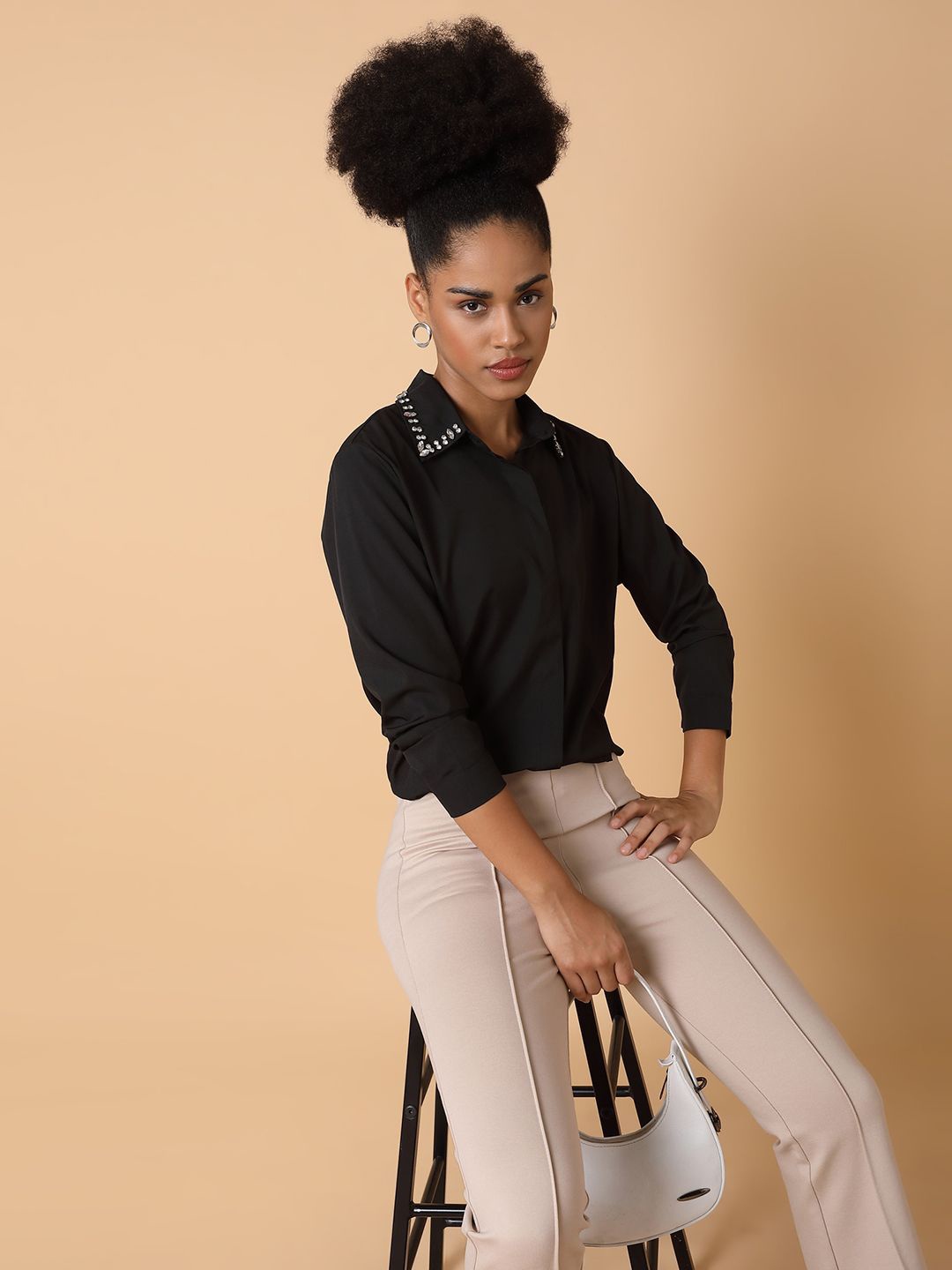 

SHOWOFF Women Comfort Spread Collar Solid Crepe Casual Shirt, Black