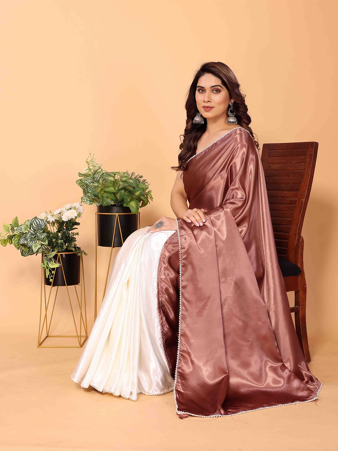 

ANJAVI FASHION Beads and Stones Satin Half and Half Saree, Beige