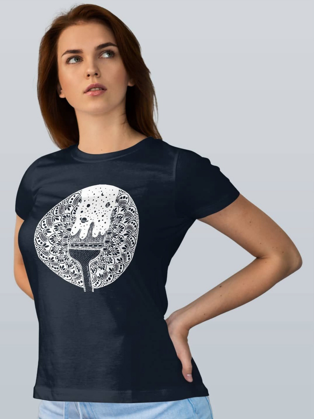 

macmerise Women Printed Extended Sleeves Pockets T-shirt, Navy blue