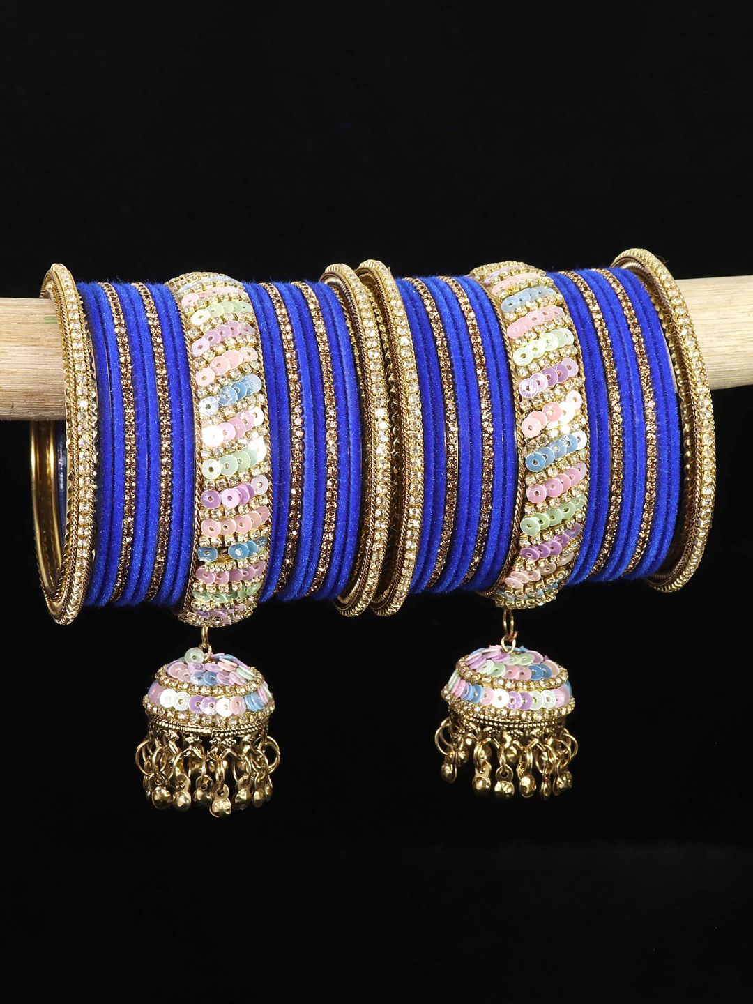 

NMII Set Of 38 Zircon Stone & Bells Jhumka Latkan Bangles, Blue