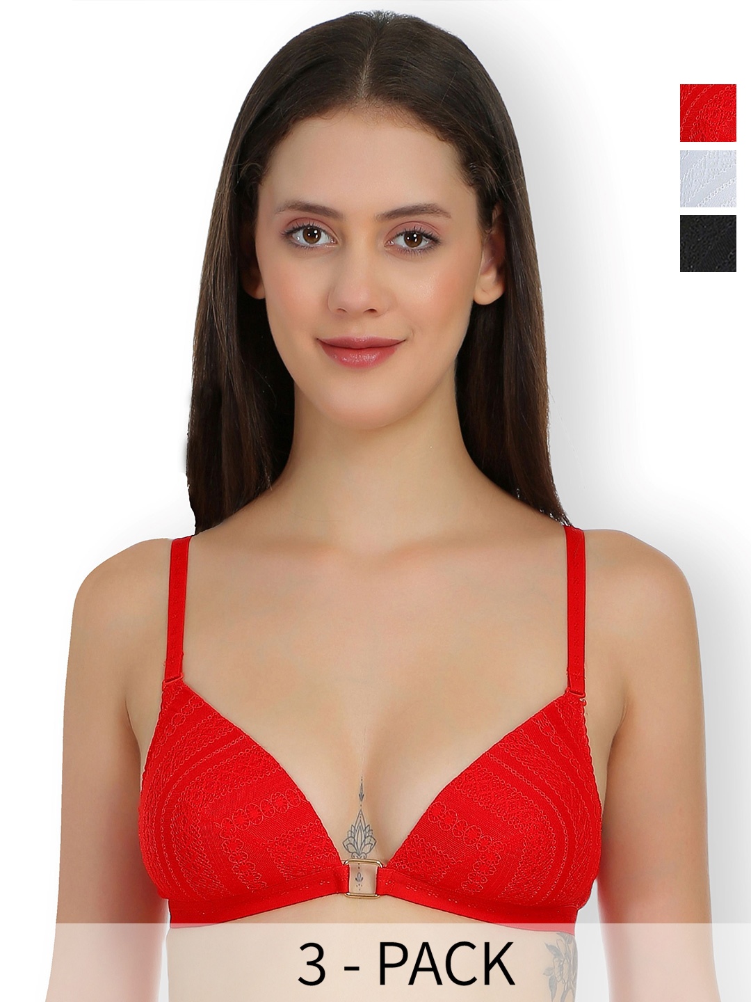 

SELFCARE Pack Of 3 Net Embroided Half Coverage Plunge Bra, Red