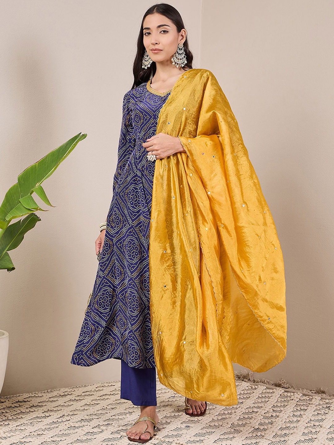 

ADORNIA Bandhani Printed Regular Anarkali Kurta With Trousers & Dupatta, Blue