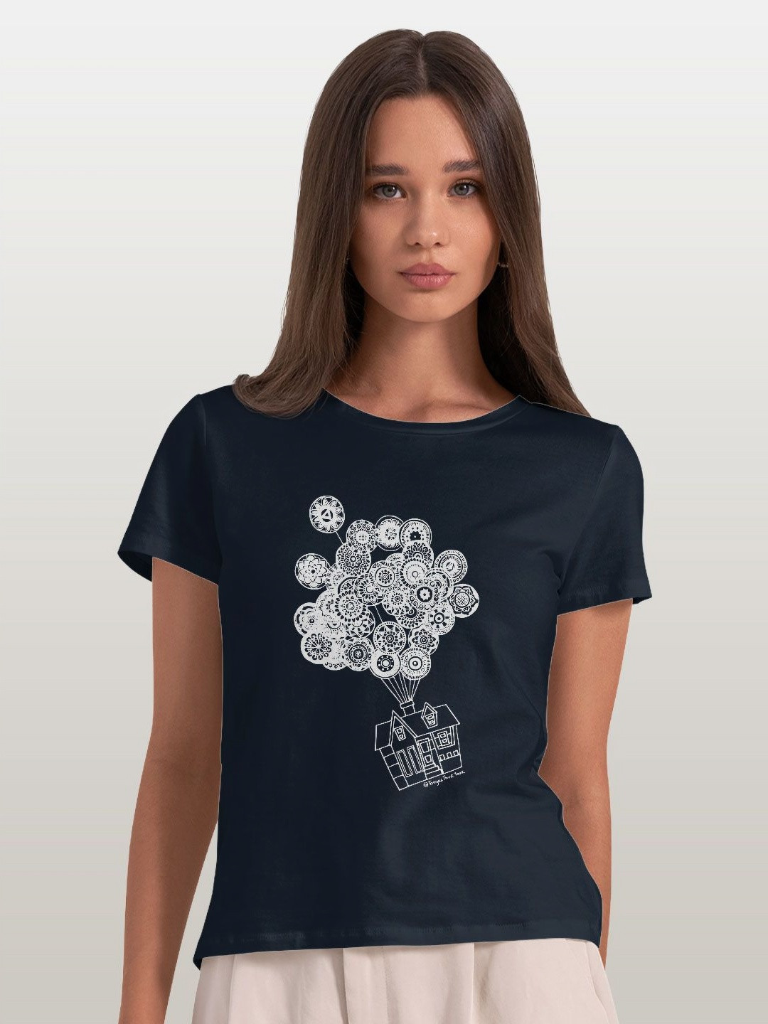 

macmerise Women Floral Applique T-shirt, Navy blue