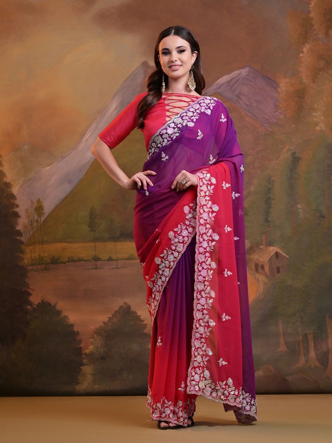 

QVAZOR Ethnic Motifs Sequinned Pure Georgette Saree, Pink