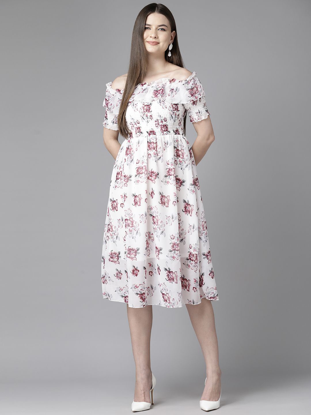 

BAESD Off Shoulder Frilled Fit & Flare Dress, White