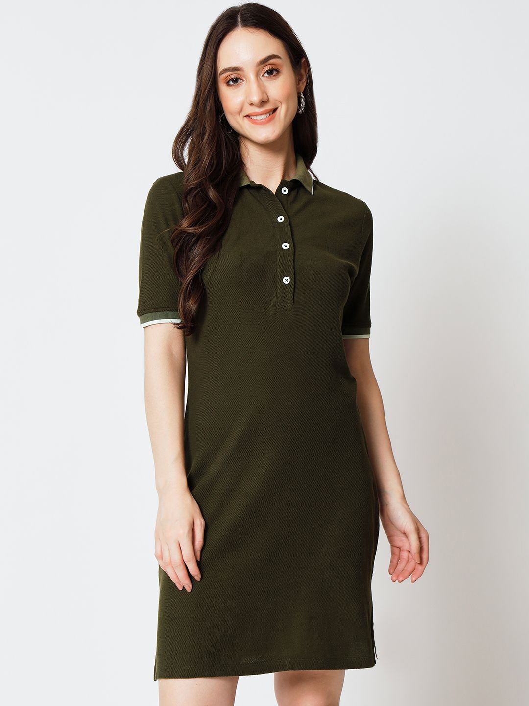 

Yaadleen Solid Shirt Collar T-shirt Dress, Olive