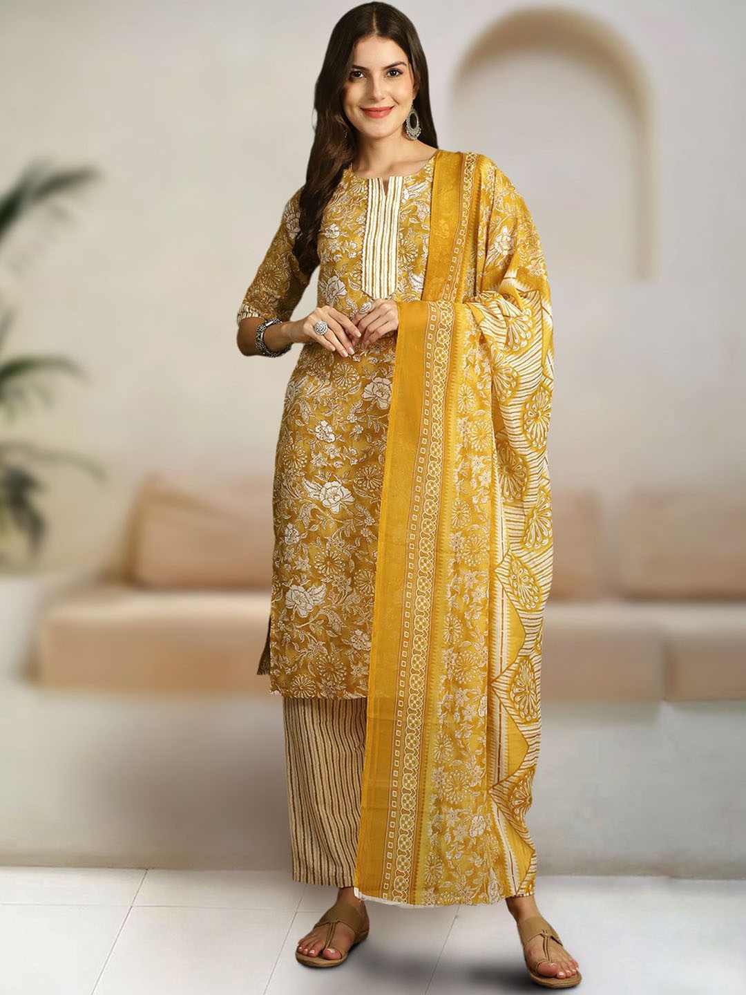 

7Threads Floral Printed Pure Cotton Kurta with Trousers & Dupatta, Mustard