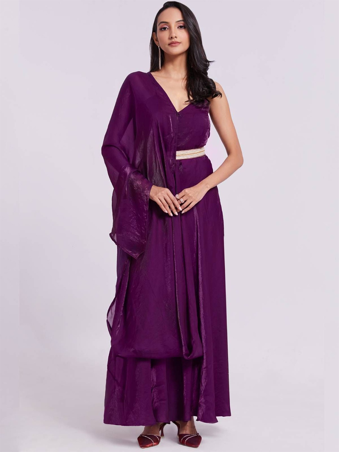 

ODETTE Shoulder Straps Organza Anarkali Kurta with Dupatta, Violet