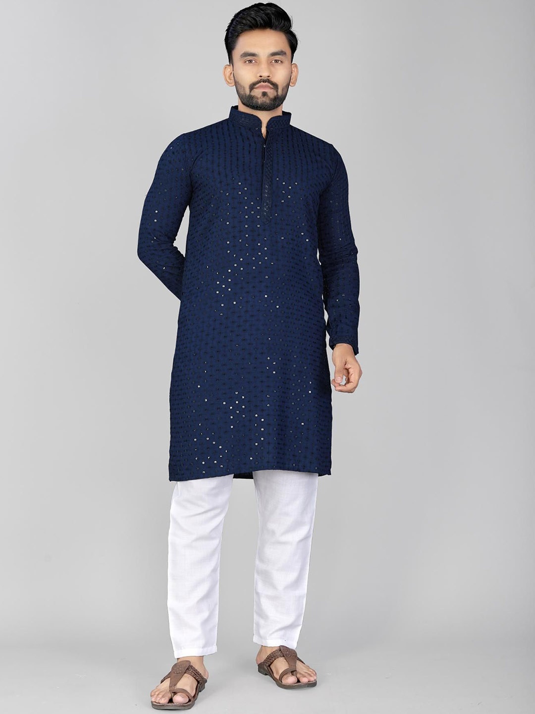 

ADWYN PETER Floral Embroidered Mandarin Collar Pure Cotton Straight Kurta, Navy blue