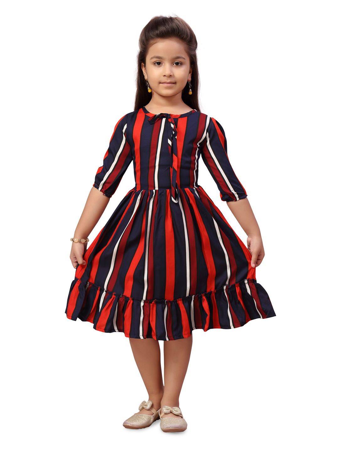 

BAESD Girls Striped Round Neck Fit & Flare Dress, Red