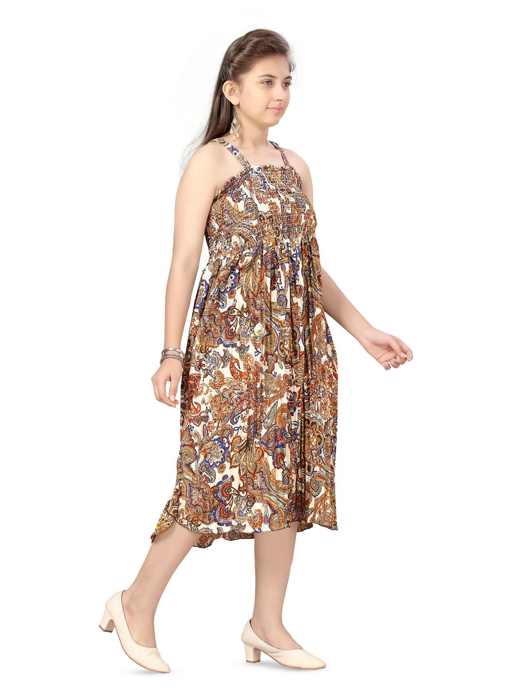 

BAESD Girls Floral Printed Shoulder Straps Fit & Flare Midi Dress, Brown