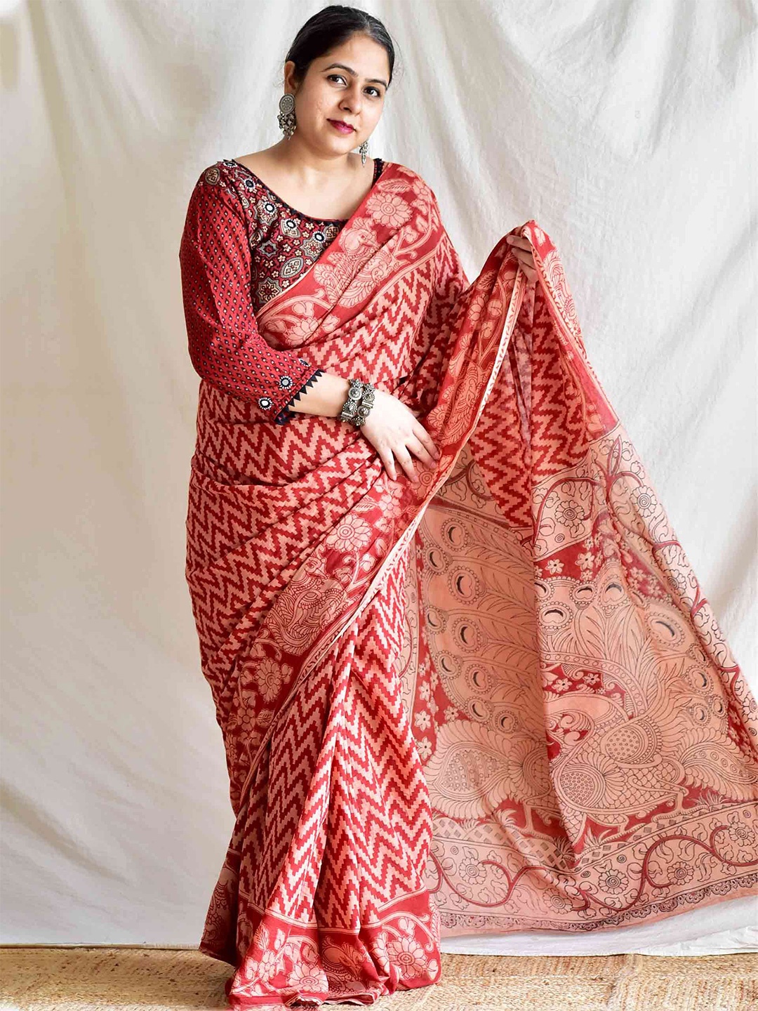 

Sundarii Kalamkari Pure Cotton Saree, Maroon