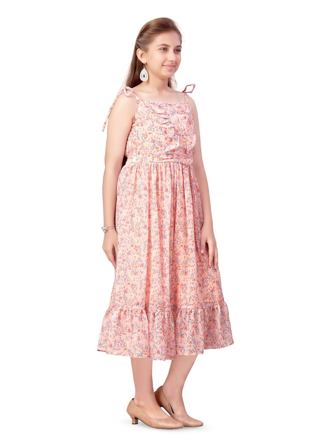 

BAESD Girls Floral Printed Sleeveless Ruched Fit & Flare Midi Dress, Peach