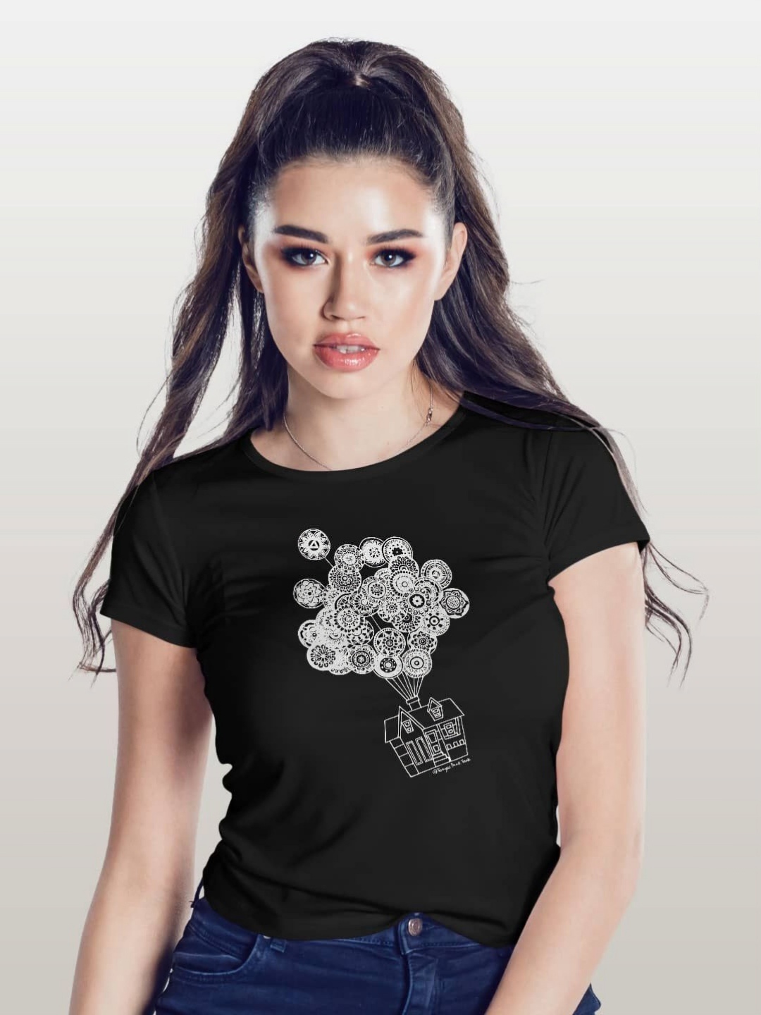 

macmerise Women Printed Applique T-shirt, Black