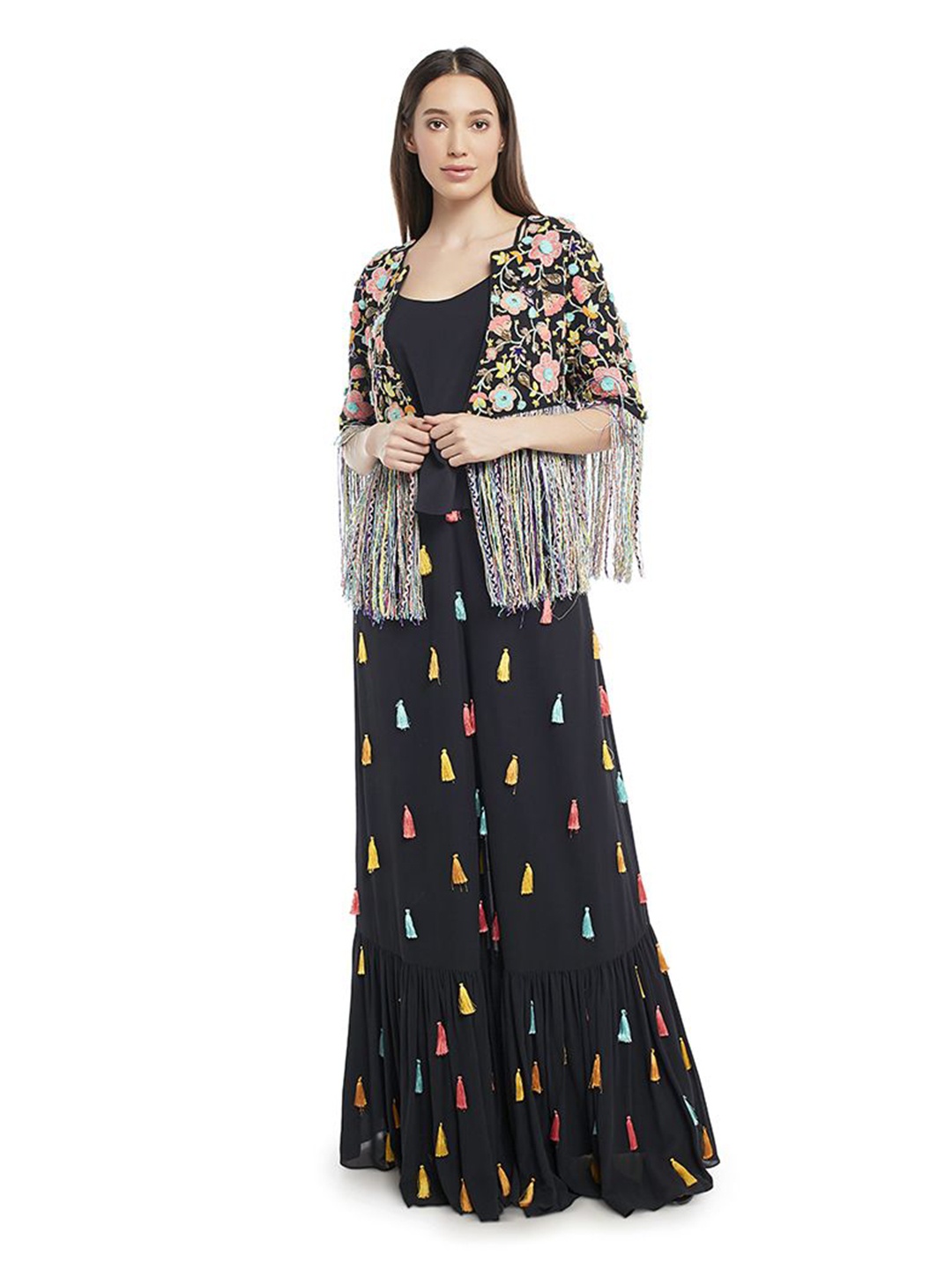 

Payal Singhal Round Neck Top & Flared Palazzo & Jacket Co-Ords, Black