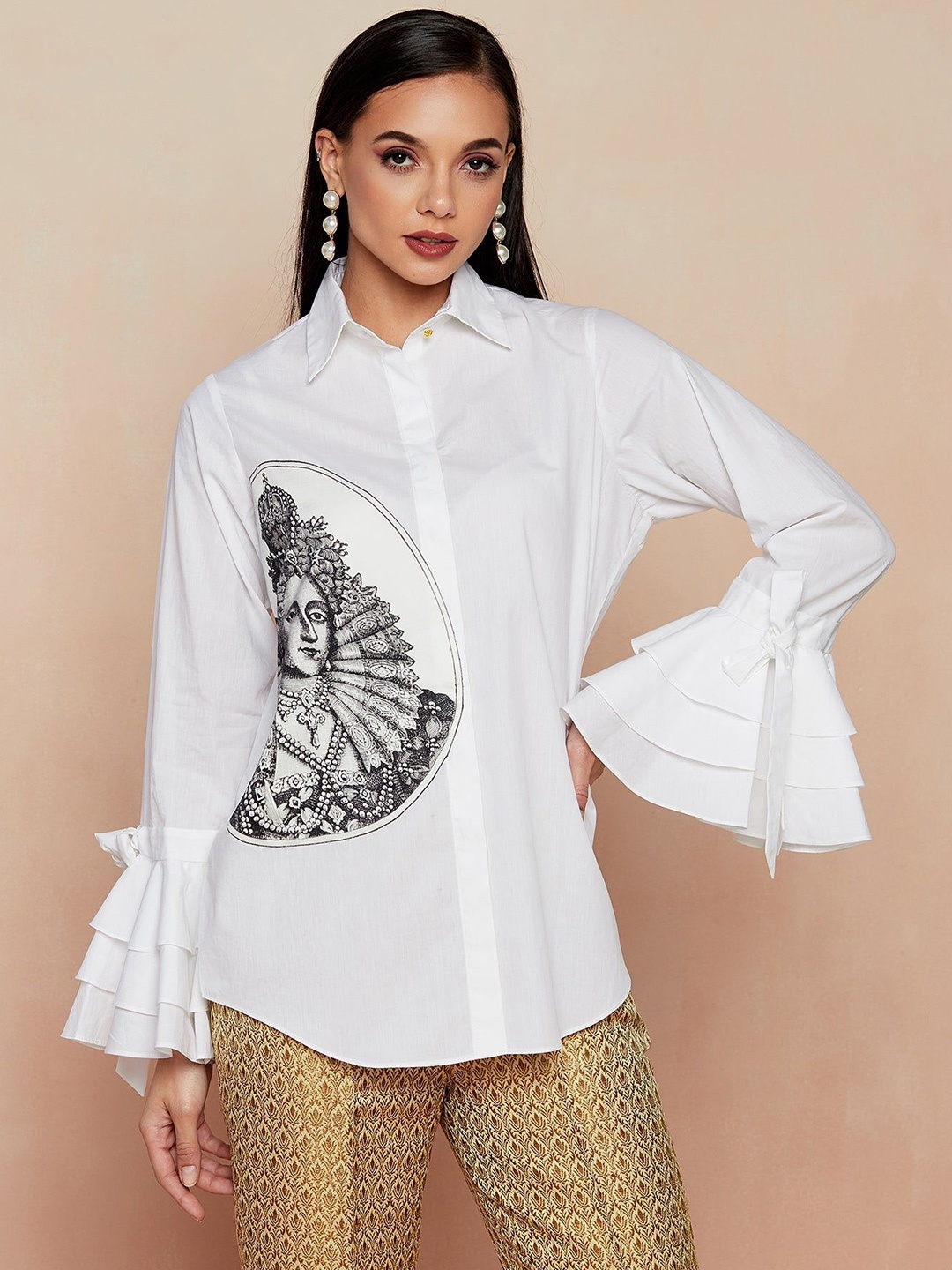 

SEVENDC Floral Bell Sleeve Cotton Shirt Style Top, White