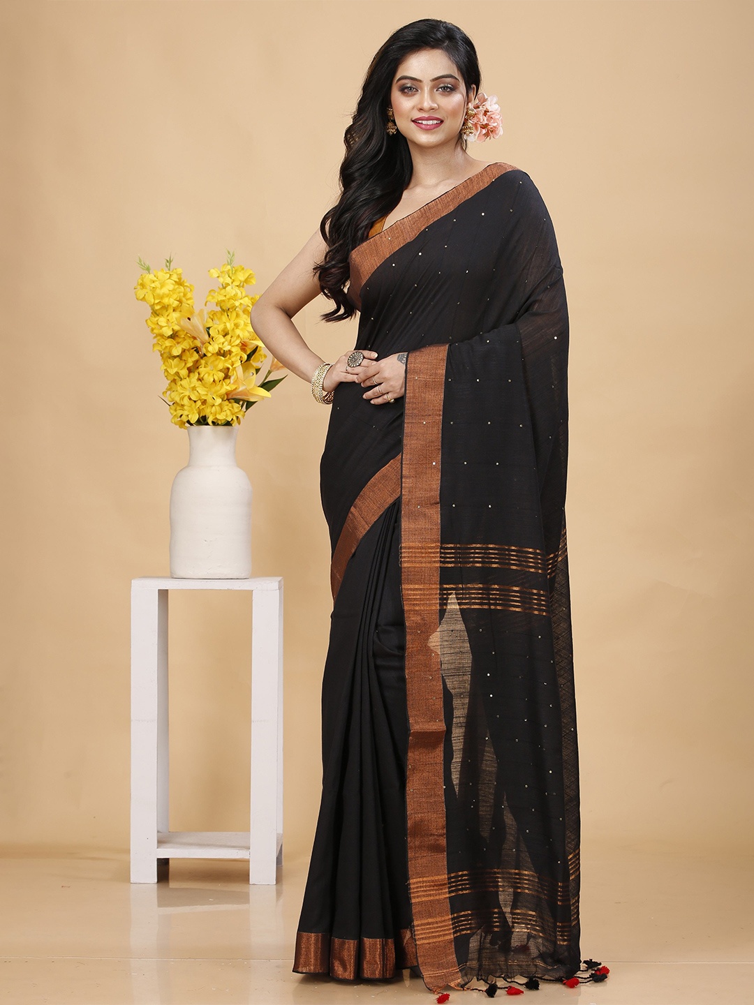 

SLAGHA Cotton Blend Taant Striped Zari Traditional Saree, Black