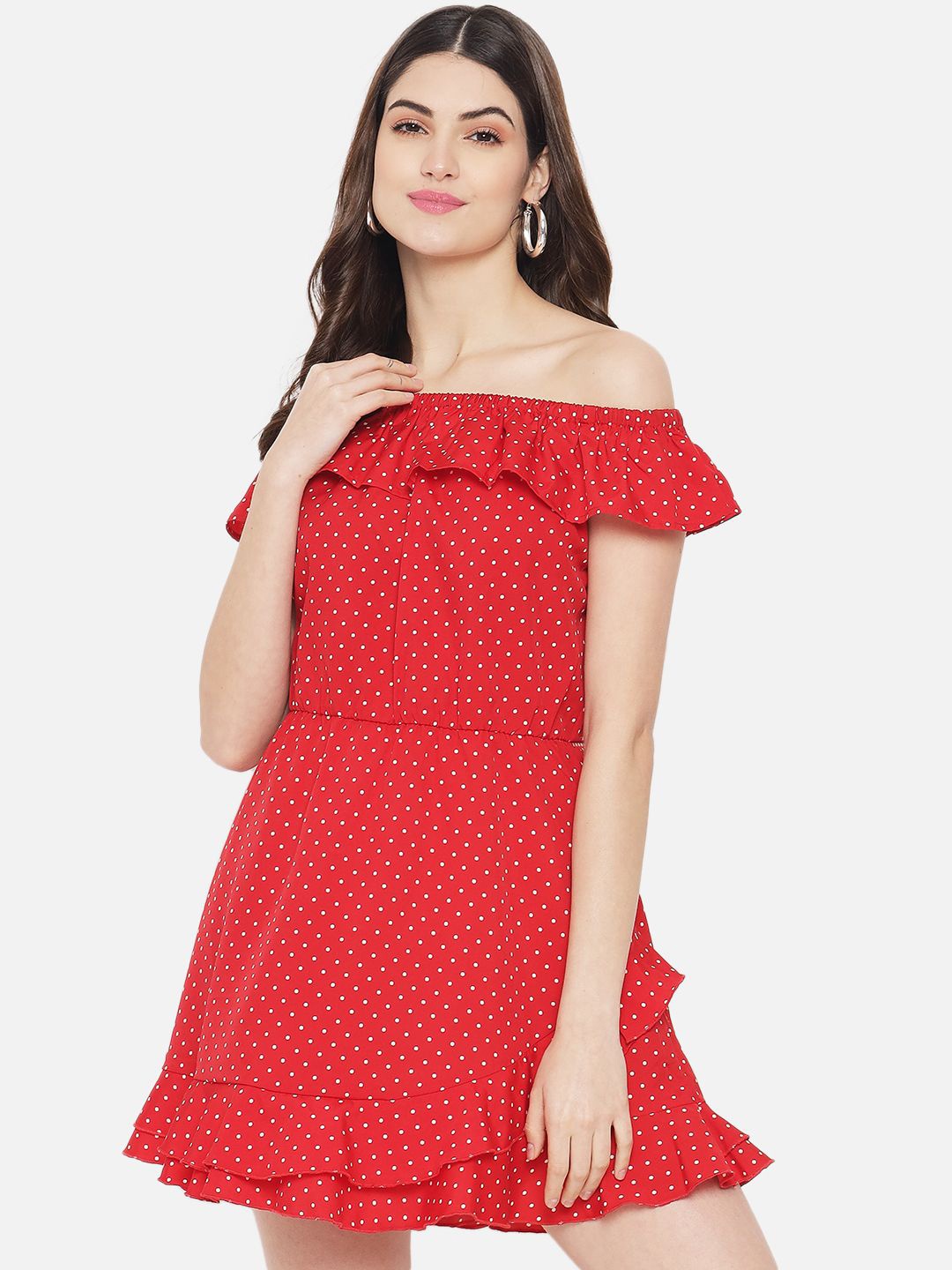 

Yaadleen Polka Dot Print Off-Shoulder Ruffled A-Line Dress, Red