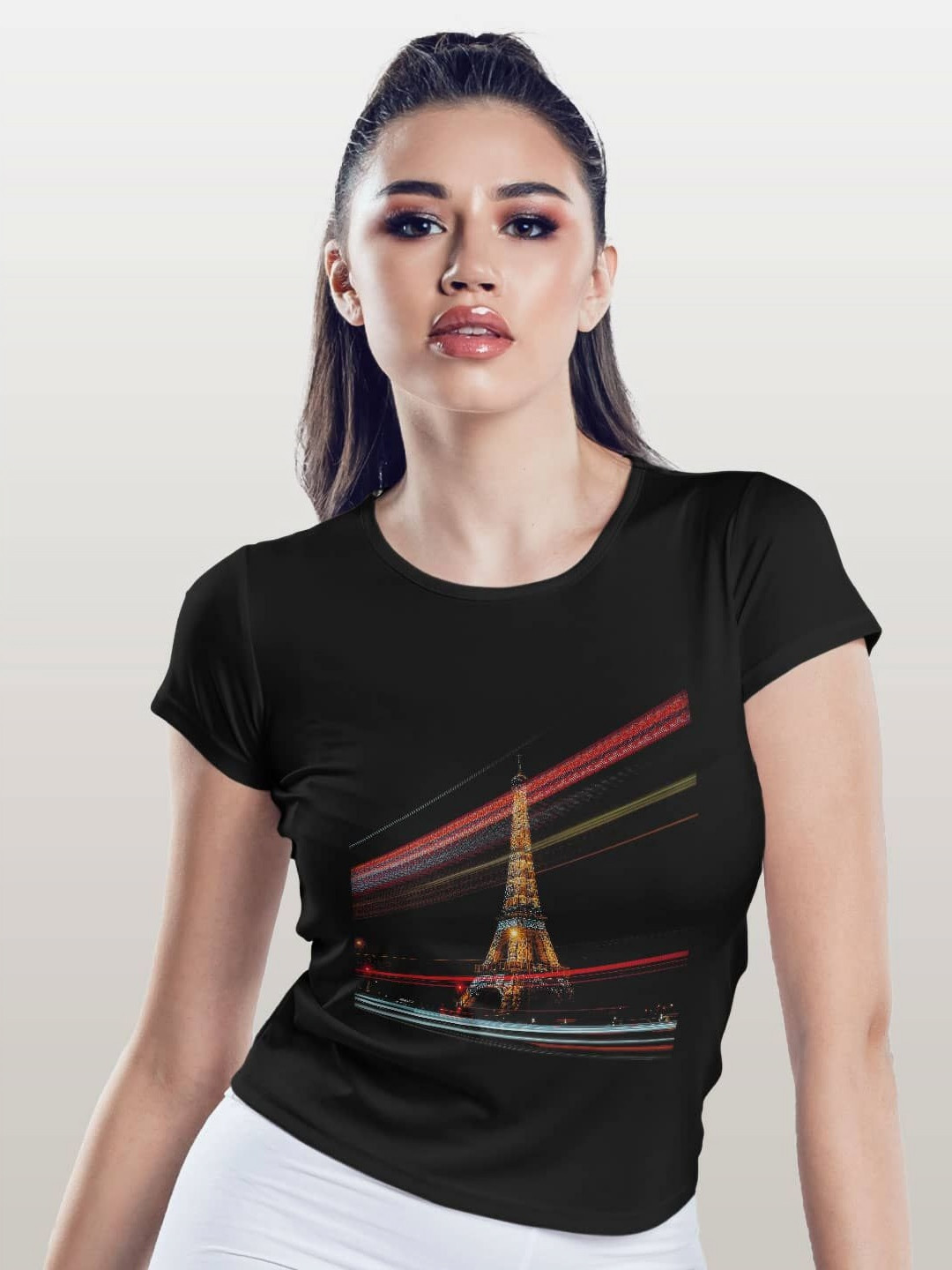 

macmerise Women Printed Applique T-shirt, Black