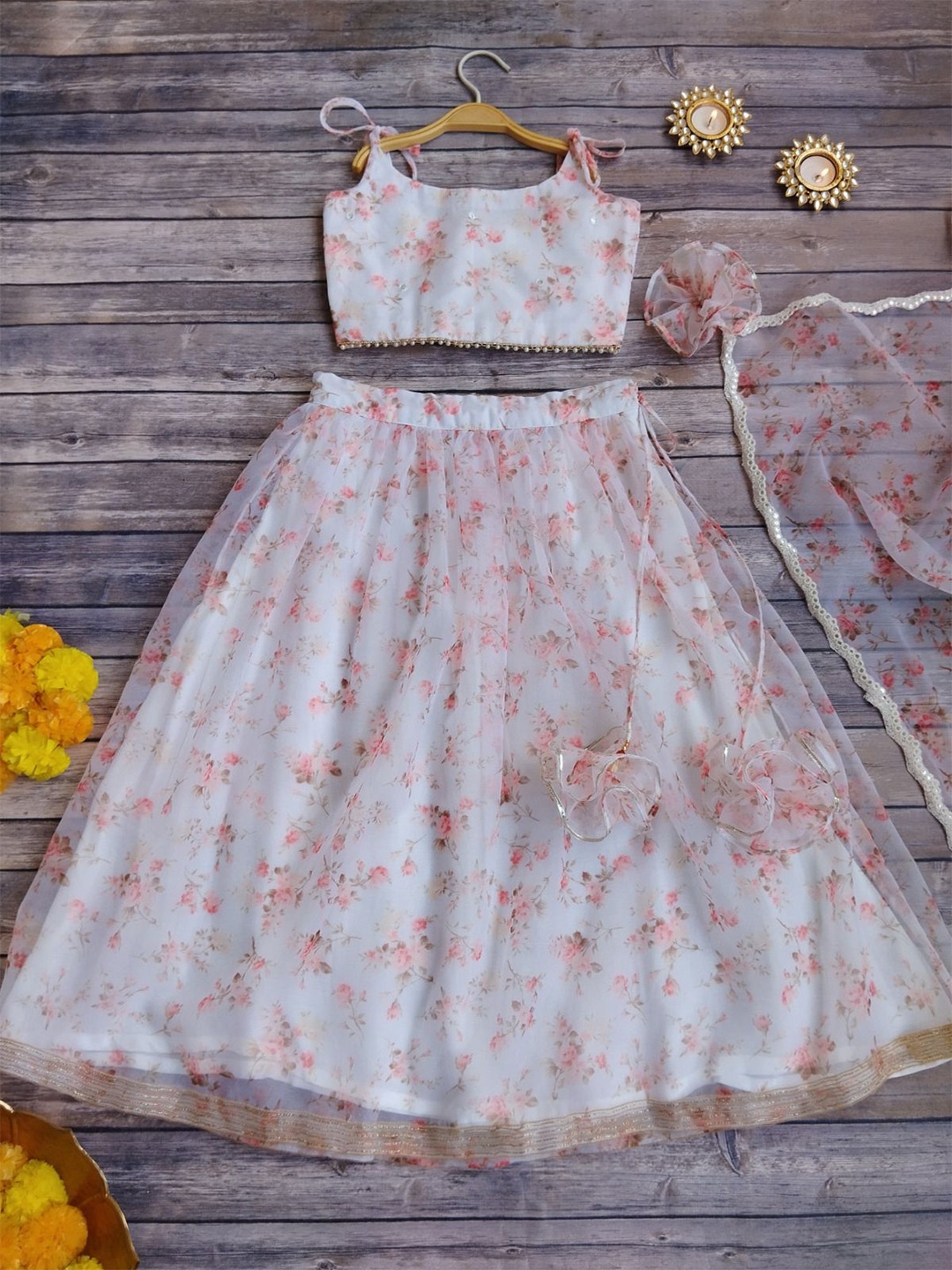 

LABEL KANUPRIYA Girls Printed Mirror Work Ready to Wear Lehenga & Blouse With Dupatta, White