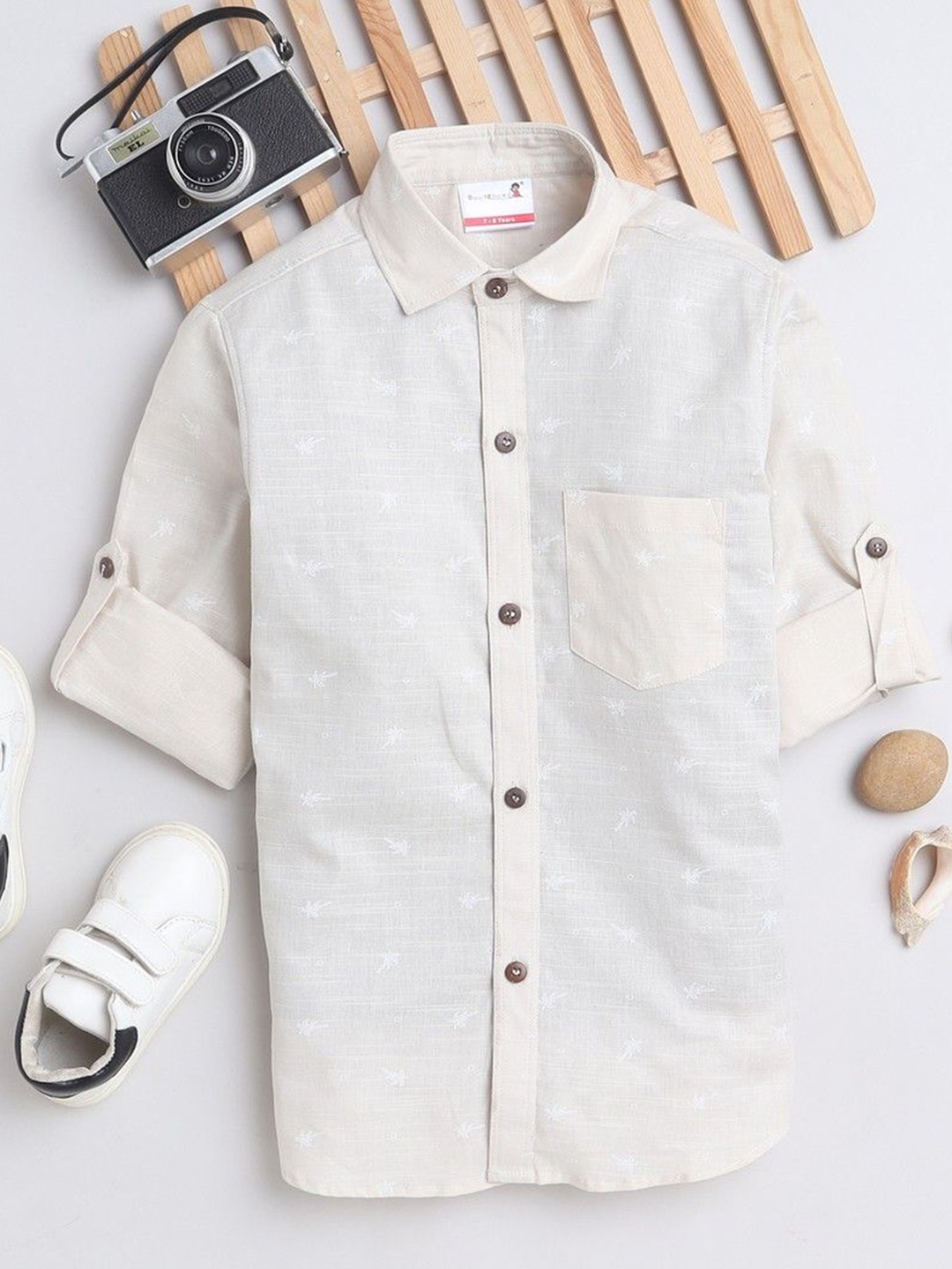

BAATCHEET Boys Opaque Striped Casual Shirt, Beige