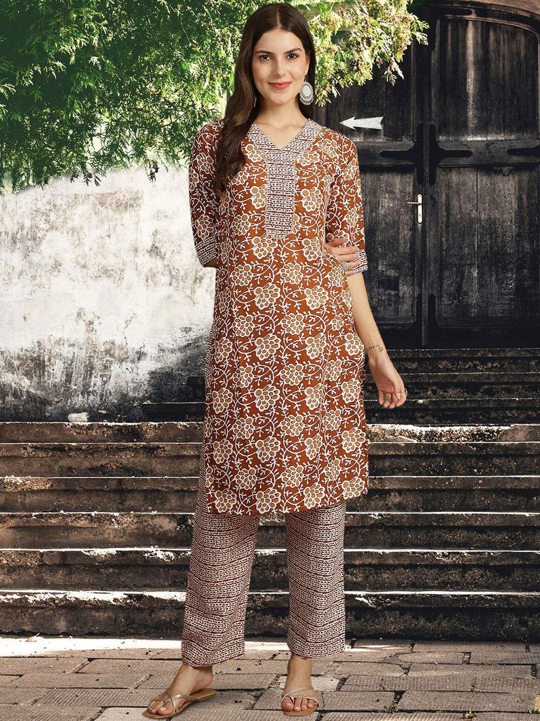 

1 Stop Fashion Floral Printed V-Neck Pure Cotton Straight Kurta with Trousers & Dupatta, Rust