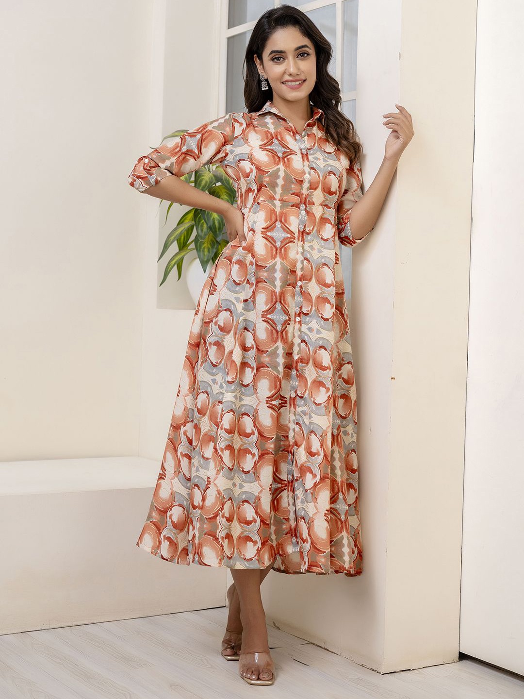 

Nayo Printed Shirt Collar Cotton Shirt Midi Dress, Rust