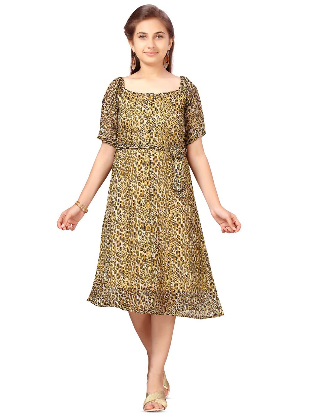 

BAESD Animal Printed Tie-Up Detail Cotton A-Line Midi Dress, Yellow