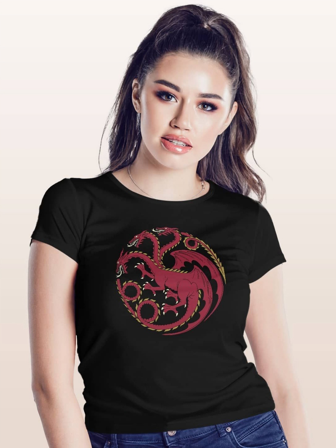 

macmerise Women Printed Applique T-shirt, Black