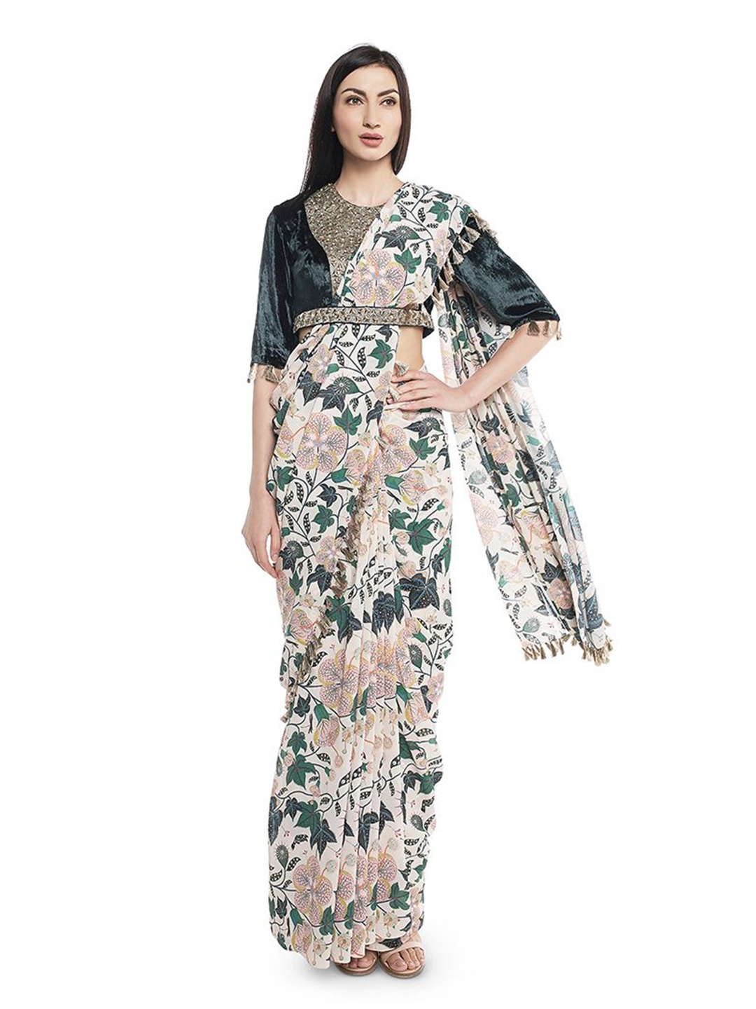 

Payal Singhal Floral Printed Saree With Blouse, Off white