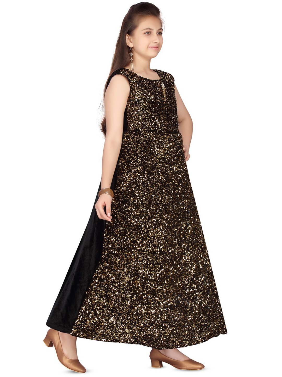 

BAESD Girls Embellished Sequined Velvet Maxi Dress, Gold