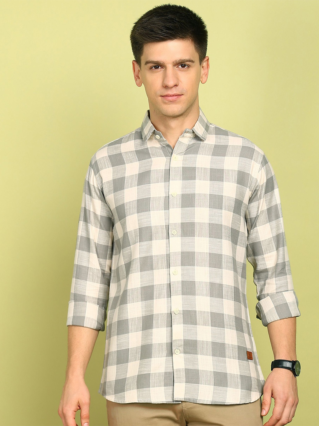 

FUBAR Men Spread Collar Buffalo Checks Checked Cotton Slim Fit Formal Shirt, Grey
