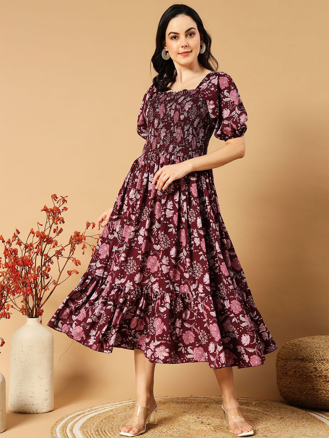 

DEKLOOK Floral Printed Puff Sleeves Crepe Fit & Flare Midi Dress, Maroon