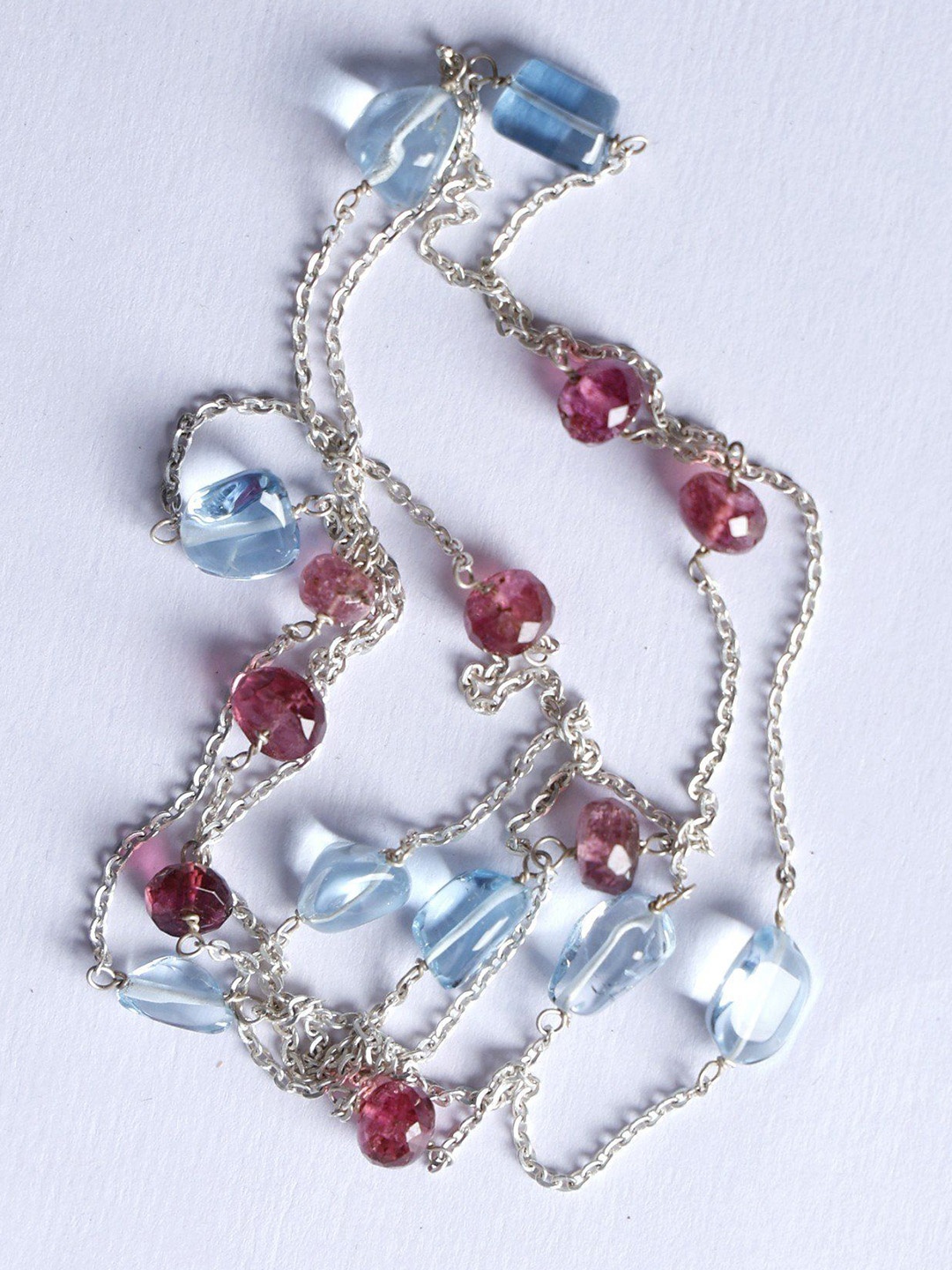 

Exotic India Aquamarine and Pink Tourmaline Stone Sterling Silver Necklace