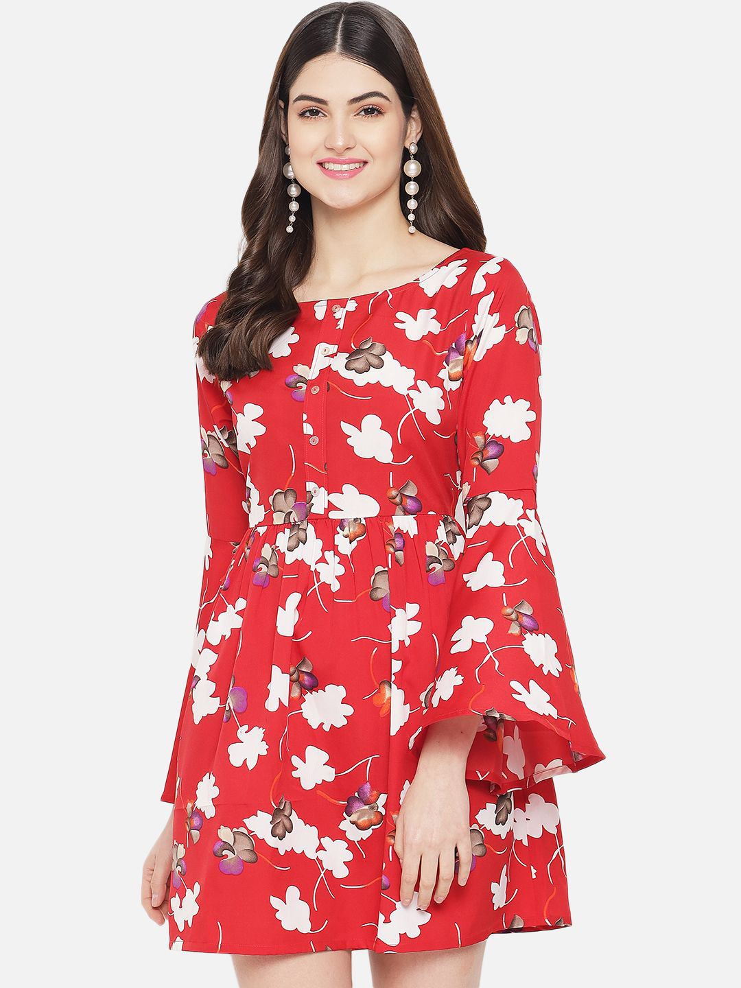 

Yaadleen Floral Printed Bell Sleeve Fit & Flare Dress, Red