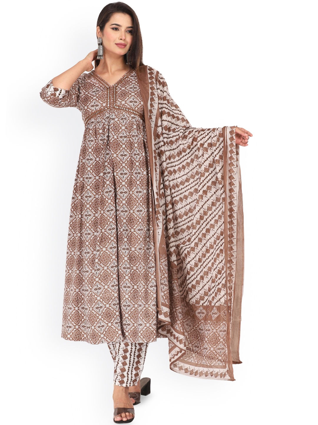 

MILAAV Ethnic Motifs Printed Straight Kurta with Trousers & With Dupatta, Brown