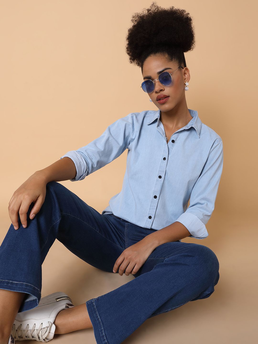 

SHOWOFF Women Comfort Spread Collar Solid Cotton Slim Fit Casual Shirt, Blue